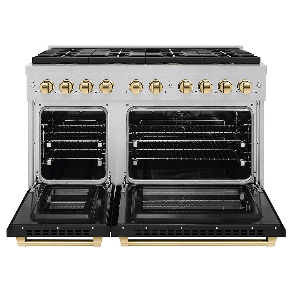 ZLINE Autograph Edition 48 in. 6.7 cu. ft. Paramount Dual Fuel Range with 8 Burner DuoPro™ Cooktop and Dual Ovens in Satin Stainless Steel with Black Matte Doors and Polished Gold Accents (PSDRSZ-BLM48-G) front, oven open.