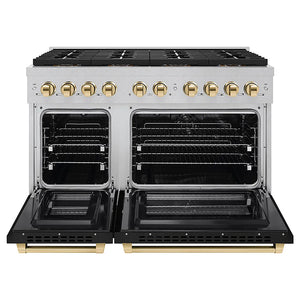 ZLINE Autograph Edition 48 in. 6.7 cu. ft. Paramount Dual Fuel Range with 8 Burner DuoPro™ Cooktop and Dual Ovens in Satin Stainless Steel with Black Matte Doors and Polished Gold Accents (PSDRSZ-BLM48-G) front, oven open.