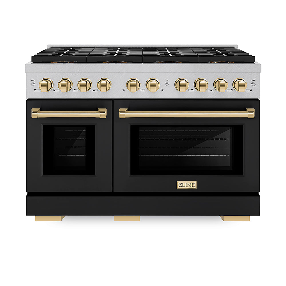 ZLINE Autograph Edition 48 in. 6.7 cu. ft. Paramount Dual Fuel Range with 8 Burner DuoPro™ Cooktop and Dual Ovens in Satin Stainless Steel with Black Matte Doors and Polished Gold Accents (PSDRSZ-BLM48-G)