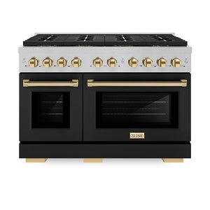 ZLINE Autograph Edition 48 in. 6.7 cu. ft. Paramount Dual Fuel Range with 8 Burner DuoPro™ Cooktop and Dual Ovens in Satin Stainless Steel with Black Matte Doors and Polished Gold Accents (PSDRSZ-BLM48-G)