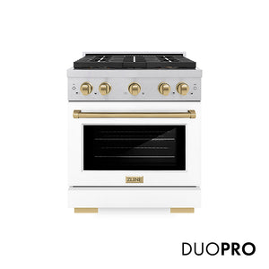 ZLINE Autograph Edition 30 in. 4.2 cu. ft. Paramount Dual Fuel Range with 4 Burner DuoPro™ Cooktop and Electric Convection Oven in Satin Stainless Steel with White Matte Door and Champagne Bronze Accents (PSDRSZ-WM-30-CB)