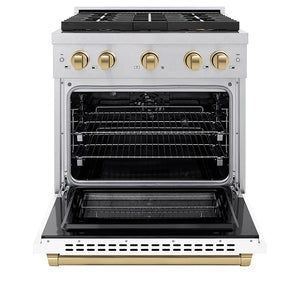 ZLINE Autograph Edition 30 in. 4.2 cu. ft. Paramount Dual Fuel Range with 4 Burner DuoPro™ Cooktop and Electric Convection Oven in Satin Stainless Steel with White Matte Door and Champagne Bronze Accents (PSDRSZ-WM-30-CB)
