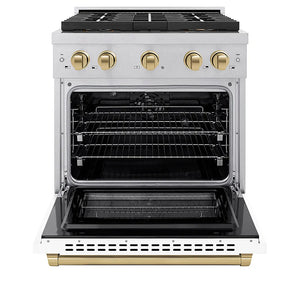 ZLINE Autograph Edition 30 in. 4.2 cu. ft. Paramount Dual Fuel Range with 4 Burner DuoPro™ Cooktop and Electric Convection Oven in Satin Stainless Steel with White Matte Door and Champagne Bronze Accents (PSDRSZ-WM-30-CB) front, oven open.