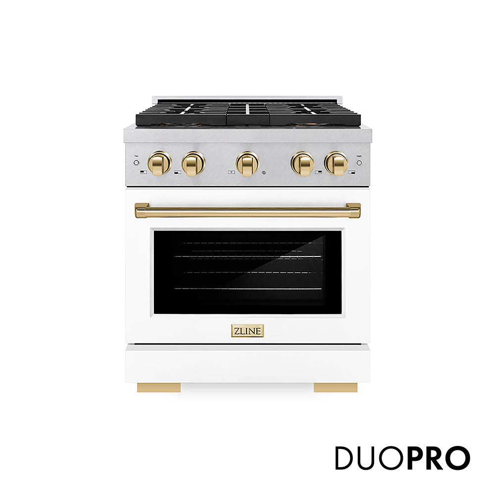 ZLINE Autograph Edition 30 in. 4.2 cu. ft. Paramount Dual Fuel Range with 4 Burner DuoPro™ Cooktop and Electric Convection Oven in Satin Stainless Steel with White Matte Door and Polished Gold Accents (PSDRSZ-WM-30-G) front, with DuoPro™ logo.