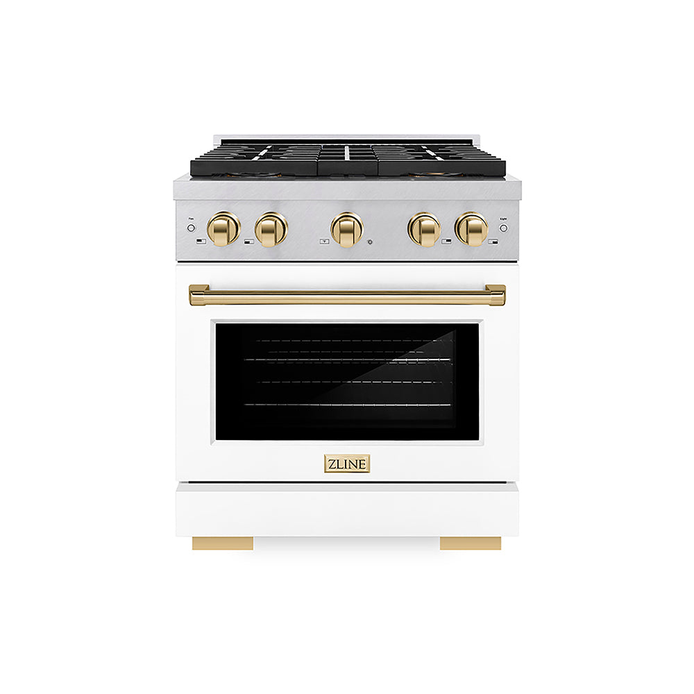 ZLINE Autograph Edition 30 in. 4.2 cu. ft. Paramount Dual Fuel Range with 4 Burner DuoPro™ Cooktop and Electric Convection Oven in Satin Stainless Steel with White Matte Door and Polished Gold Accents (PSDRSZ-WM-30-G)