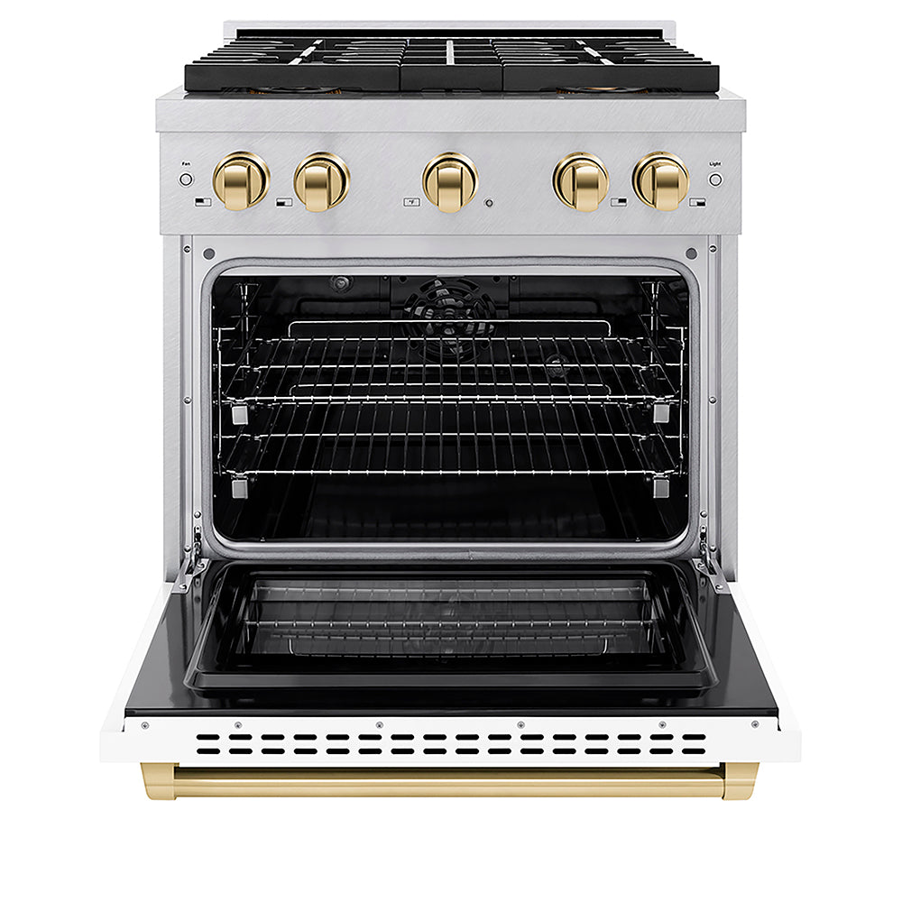 ZLINE Autograph Edition 30 in. 4.2 cu. ft. Paramount Dual Fuel Range with 4 Burner DuoPro™ Cooktop and Electric Convection Oven in Satin Stainless Steel with White Matte Door and Polished Gold Accents (PSDRSZ-WM-30-G) front, oven open.