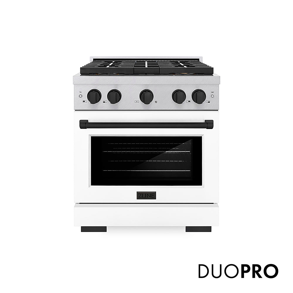 ZLINE Autograph Edition 30 in. 4.2 cu. ft. Paramount Dual Fuel Range with 4 Burner DuoPro™ Cooktop and Electric Convection Oven in Satin Stainless Steel with White Matte Door and Matte Black Accents (PSDRSZ-WM-30-MB) front, with DuoPro™ logo.