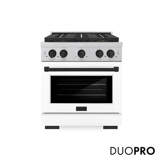 ZLINE Autograph Edition 30 in. 4.2 cu. ft. Paramount Dual Fuel Range with 4 Burner DuoPro™ Cooktop and Electric Convection Oven in Satin Stainless Steel with White Matte Door and Matte Black Accents (PSDRSZ-WM-30-MB) front, with DuoPro™ logo.