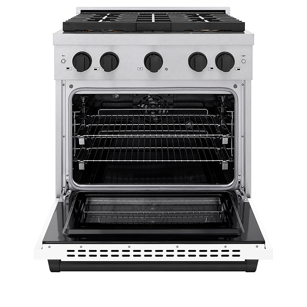 ZLINE Autograph Edition 30 in. 4.2 cu. ft. Paramount Dual Fuel Range with 4 Burner DuoPro™ Cooktop and Electric Convection Oven in Satin Stainless Steel with White Matte Door and Matte Black Accents (PSDRSZ-WM-30-MB) front, oven open.