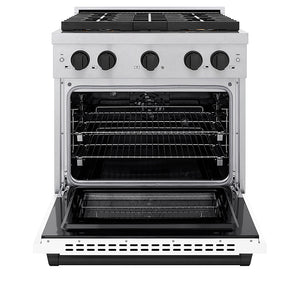 ZLINE Autograph Edition 30 in. 4.2 cu. ft. Paramount Dual Fuel Range with 4 Burner DuoPro™ Cooktop and Electric Convection Oven in Satin Stainless Steel with White Matte Door and Matte Black Accents (PSDRSZ-WM-30-MB) front, oven open.