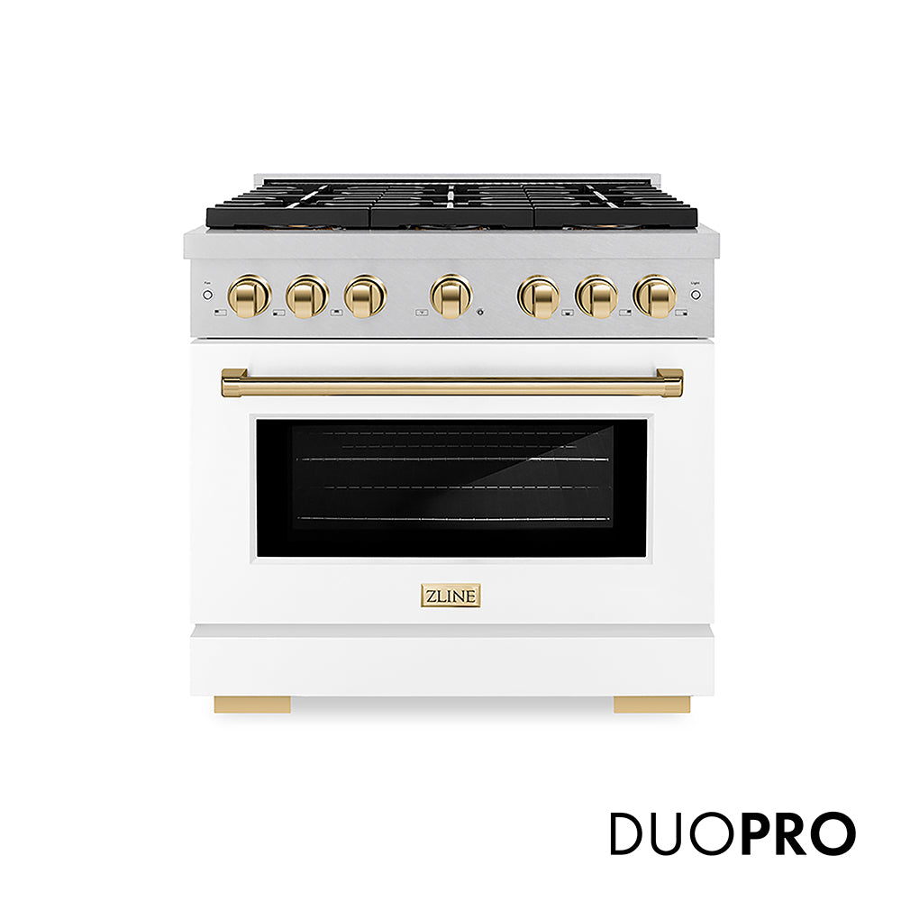 ZLINE Autograph Edition 36 in. 5.2 cu. ft. Paramount Dual Fuel Range with 6 Burner DuoPro™ Cooktop and Electric Convection Oven in Satin Stainless Steel with White Matte Door and Polished Gold Accents (PSDRSZ-WM-36-G)