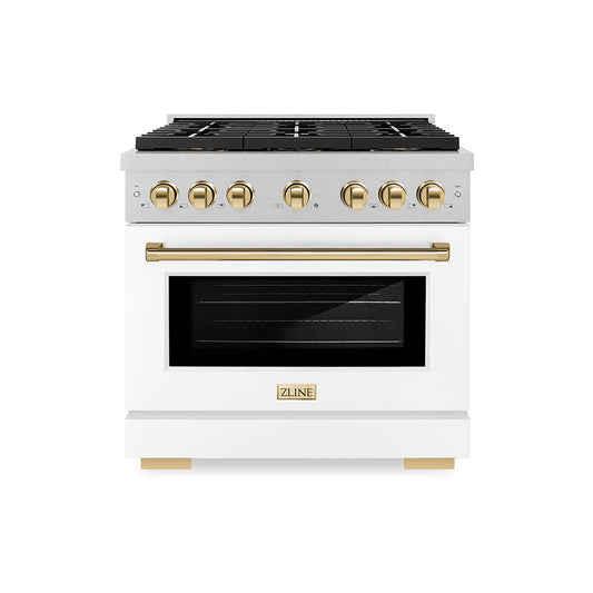 ZLINE Autograph Edition 36 in. 5.2 cu. ft. Paramount Dual Fuel Range with 6 Burner DuoPro™ Cooktop and Electric Convection Oven in Satin Stainless Steel with White Matte Door and Polished Gold Accents (PSDRSZ-WM-36-G)