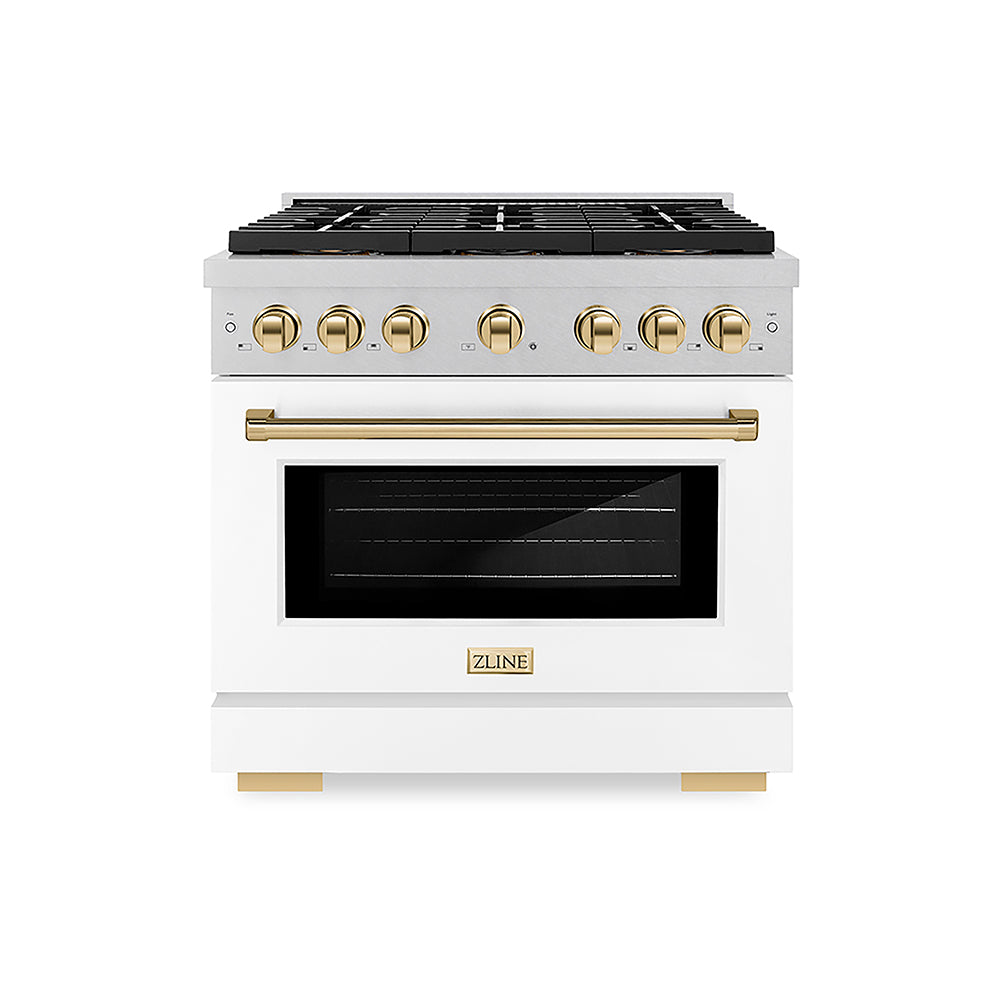 ZLINE Autograph Edition 36 in. 5.2 cu. ft. Paramount Dual Fuel Range with 6 Burner DuoPro™ Cooktop and Electric Convection Oven in Satin Stainless Steel with White Matte Door and Polished Gold Accents (PSDRSZ-WM-36-G)
