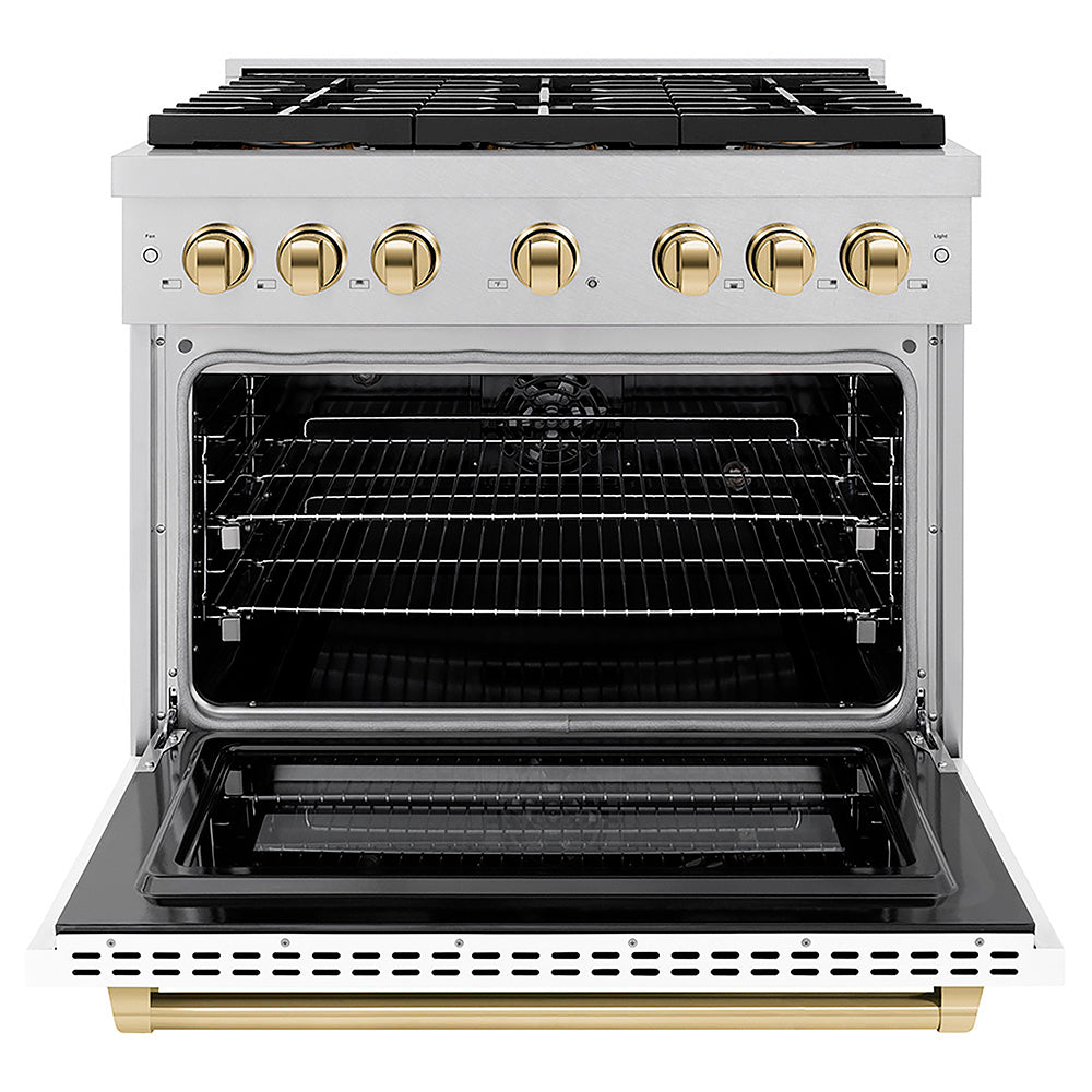 ZLINE Autograph Edition 36 in. 5.2 cu. ft. Paramount Dual Fuel Range with 6 Burner DuoPro™ Cooktop and Electric Convection Oven in Satin Stainless Steel with White Matte Door and Polished Gold Accents (PSDRSZ-WM-36-G)