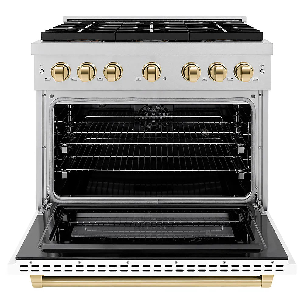 ZLINE Autograph Edition 36 in. 5.2 cu. ft. Paramount Dual Fuel Range with 6 Burner DuoPro™ Cooktop and Electric Convection Oven in Satin Stainless Steel with White Matte Door and Polished Gold Accents (PSDRSZ-WM-36-G) front, oven open.