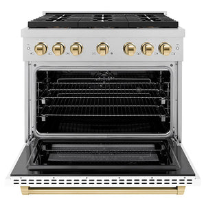ZLINE Autograph Edition 36 in. 5.2 cu. ft. Paramount Dual Fuel Range with 6 Burner DuoPro™ Cooktop and Electric Convection Oven in Satin Stainless Steel with White Matte Door and Polished Gold Accents (PSDRSZ-WM-36-G) front, oven open.