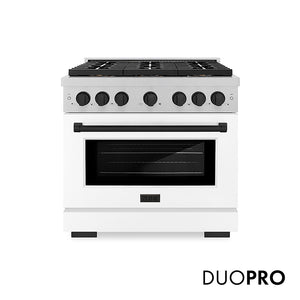 ZLINE Autograph Edition 36 in. 5.2 cu. ft. Paramount Dual Fuel Range with 6 Burner DuoPro™ Cooktop and Electric Convection Oven in Satin Stainless Steel with White Matte Door and Matte Black Accents (PSDRSZ-WM-36-MB)