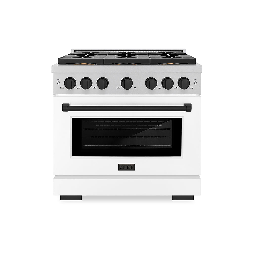 ZLINE Autograph Edition 36 in. 5.2 cu. ft. Paramount Dual Fuel Range with 6 Burner DuoPro™ Cooktop and Electric Convection Oven in Satin Stainless Steel with White Matte Door and Matte Black Accents (PSDRSZ-WM-36-MB)