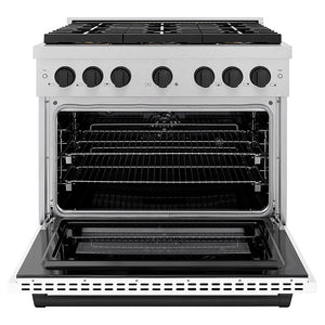 ZLINE Autograph Edition 36 in. 5.2 cu. ft. Paramount Dual Fuel Range with 6 Burner DuoPro™ Cooktop and Electric Convection Oven in Satin Stainless Steel with White Matte Door and Matte Black Accents (PSDRSZ-WM-36-MB)