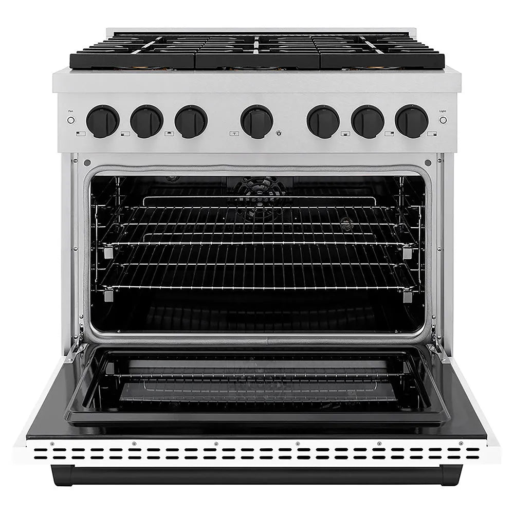 ZLINE Autograph Edition 36 in. 5.2 cu. ft. Paramount Dual Fuel Range with 6 Burner DuoPro™ Cooktop and Electric Convection Oven in Satin Stainless Steel with White Matte Door and Matte Black Accents (PSDRSZ-WM-36-MB) front, oven open.