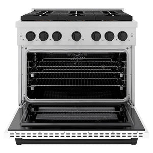 ZLINE Autograph Edition 36 in. 5.2 cu. ft. Paramount Dual Fuel Range with 6 Burner DuoPro™ Cooktop and Electric Convection Oven in Satin Stainless Steel with White Matte Door and Matte Black Accents (PSDRSZ-WM-36-MB) front, oven open.