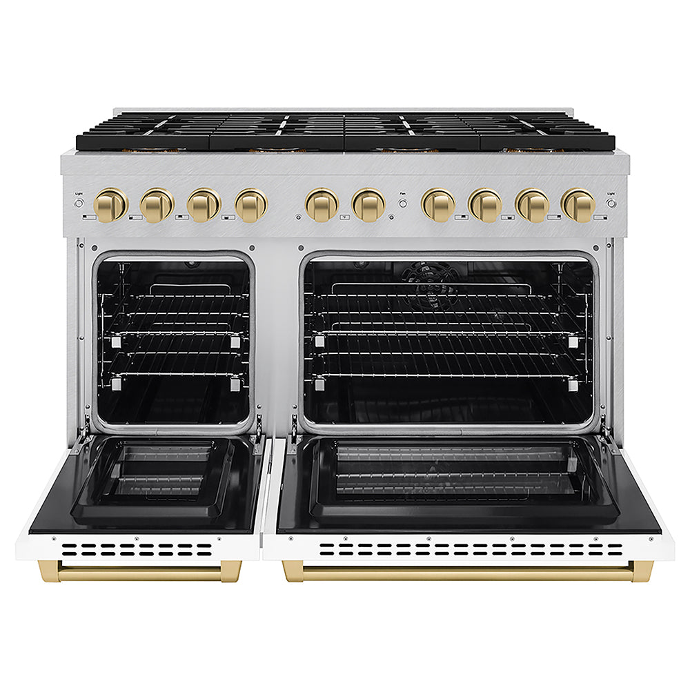 ZLINE Autograph Edition 48 in. 6.7 cu. ft. Paramount Dual Fuel Range with 8 Burner DuoPro™ Cooktop and Dual Ovens in Satin Stainless Steel with White Matte Doors and Champagne Bronze Accents (PSDRSZ-WM-48-CB)