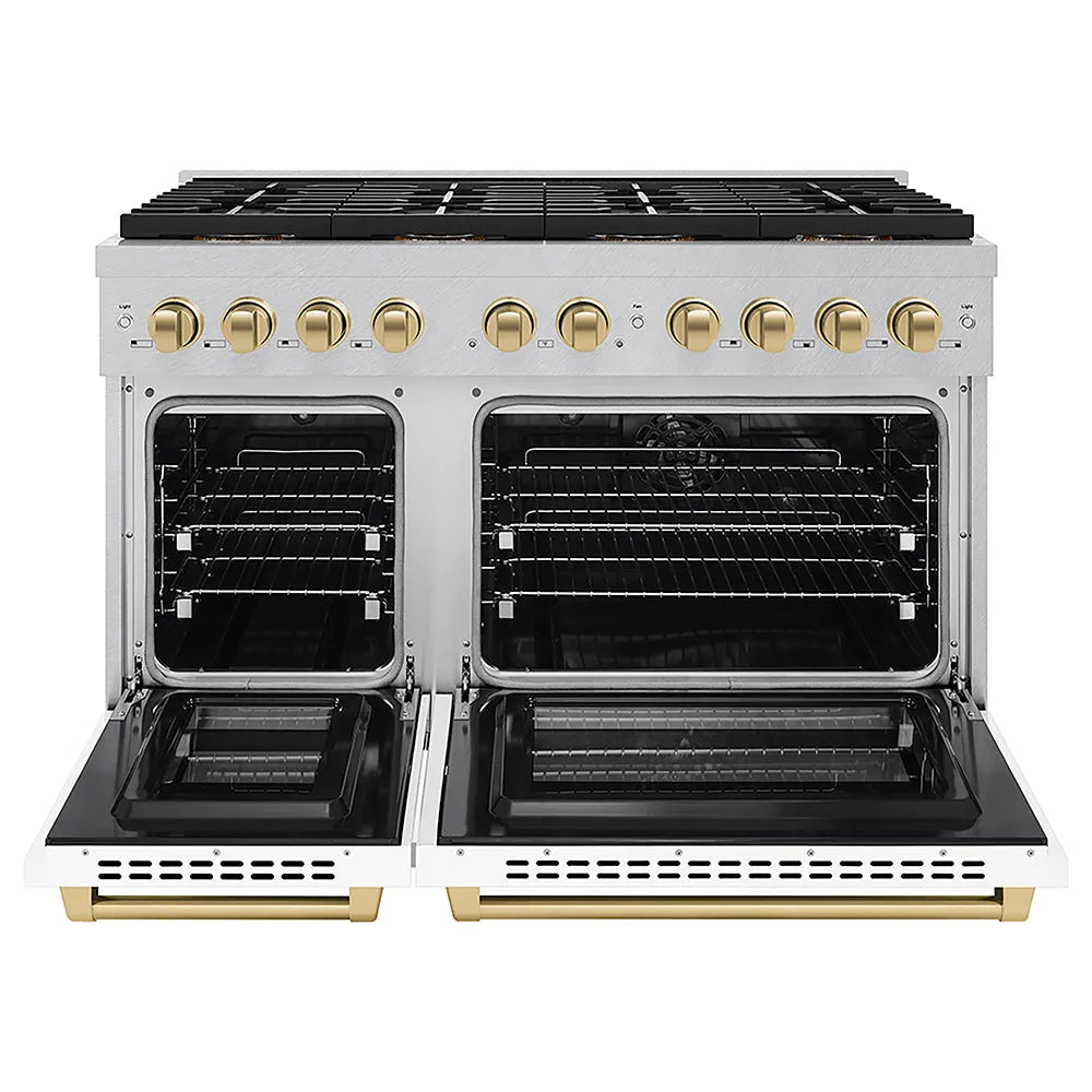 ZLINE Autograph Edition 48 in. 6.7 cu. ft. Paramount Dual Fuel Range with 8 Burner DuoPro™ Cooktop and Dual Ovens in Satin Stainless Steel with White Matte Doors and Champagne Bronze Accents (PSDRSZ-WM-48-CB) front, oven open.