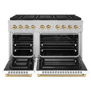 ZLINE Autograph Edition 48 in. 6.7 cu. ft. Paramount Dual Fuel Range with 8 Burner DuoPro™ Cooktop and Dual Ovens in Satin Stainless Steel with White Matte Doors and Champagne Bronze Accents (PSDRSZ-WM-48-CB) front, oven open.
