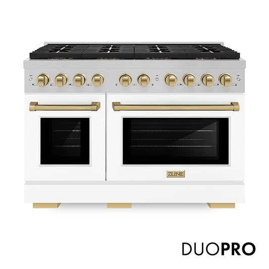 ZLINE Autograph Edition 48 in. 6.7 cu. ft. Paramount Dual Fuel Range with 8 Burner DuoPro™ Cooktop and Dual Ovens in Satin Stainless Steel with White Matte Doors and Champagne Bronze Accents (PSDRSZ-WM-48-CB)