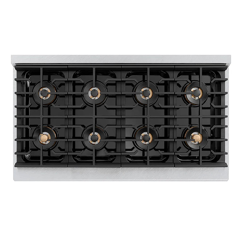 ZLINE Autograph Edition 48 in. 6.7 cu. ft. Paramount Dual Fuel Range with 8 Burner DuoPro™ Cooktop and Dual Ovens in Satin Stainless Steel with White Matte Doors and Champagne Bronze Accents (PSDRSZ-WM-48-CB) top-down, above cooktop.