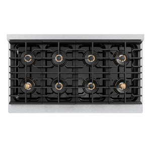 ZLINE Autograph Edition 48 in. 6.7 cu. ft. Paramount Dual Fuel Range with 8 Burner DuoPro™ Cooktop and Dual Ovens in Satin Stainless Steel with White Matte Doors and Champagne Bronze Accents (PSDRSZ-WM-48-CB) top-down, above cooktop.