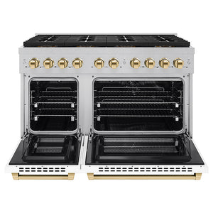 ZLINE Autograph Edition 48 in. 6.7 cu. ft. Paramount Dual Fuel Range with 8 Burner DuoPro™ Cooktop and Dual Ovens in Satin Stainless Steel with White Matte Doors and Polished Gold Accents (PSDRSZ-WM-48-G)