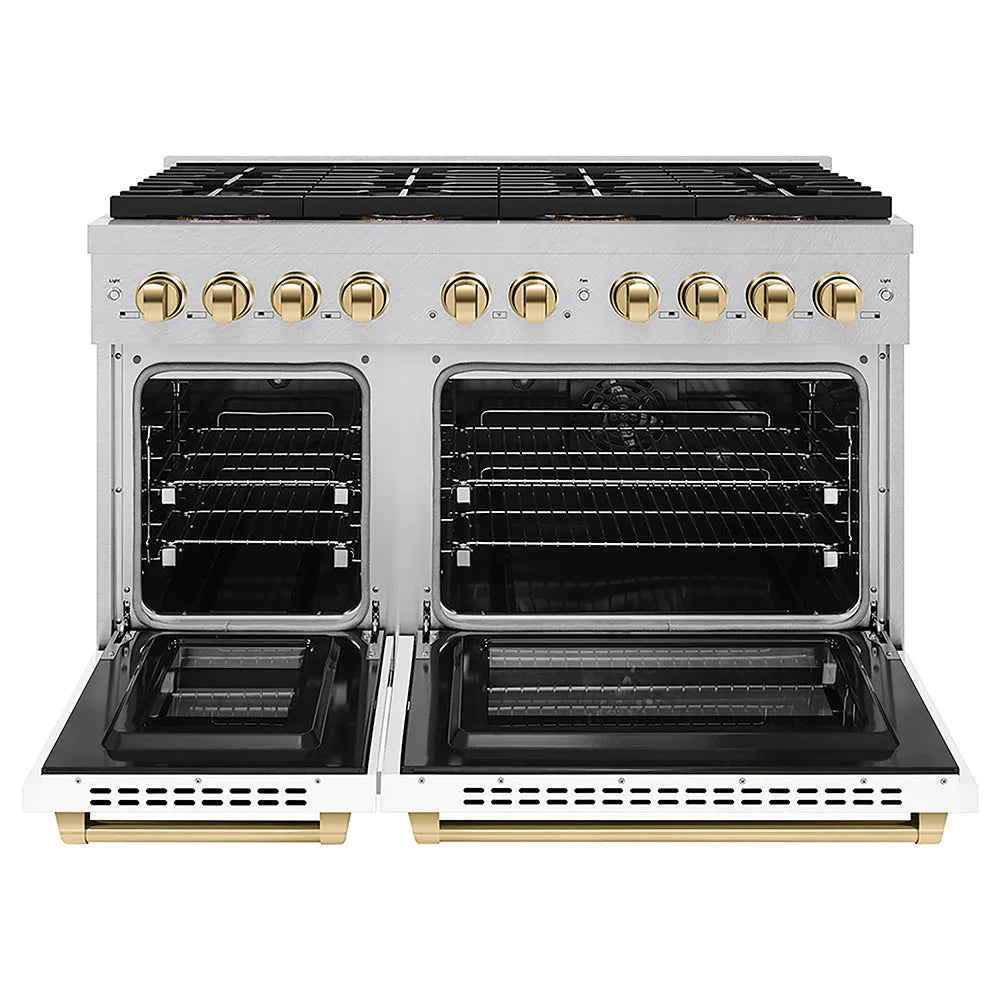 ZLINE Autograph Edition 48 in. 6.7 cu. ft. Paramount Dual Fuel Range with 8 Burner DuoPro™ Cooktop and Dual Ovens in Satin Stainless Steel with White Matte Doors and Polished Gold Accents (PSDRSZ-WM-48-G) front, oven open.