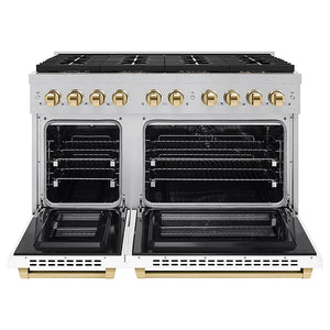 ZLINE Autograph Edition 48 in. 6.7 cu. ft. Paramount Dual Fuel Range with 8 Burner DuoPro™ Cooktop and Dual Ovens in Satin Stainless Steel with White Matte Doors and Polished Gold Accents (PSDRSZ-WM-48-G) front, oven open.