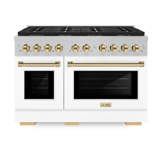 ZLINE Autograph Edition 48 in. 6.7 cu. ft. Paramount Dual Fuel Range with 8 Burner DuoPro™ Cooktop and Dual Ovens in Satin Stainless Steel with White Matte Doors and Polished Gold Accents (PSDRSZ-WM-48-G) front.