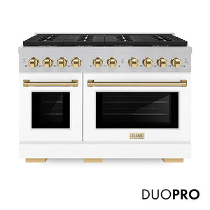 ZLINE Autograph Edition 48 in. 6.7 cu. ft. Paramount Dual Fuel Range with 8 Burner DuoPro™ Cooktop and Dual Ovens in Satin Stainless Steel with White Matte Doors and Polished Gold Accents (PSDRSZ-WM-48-G)