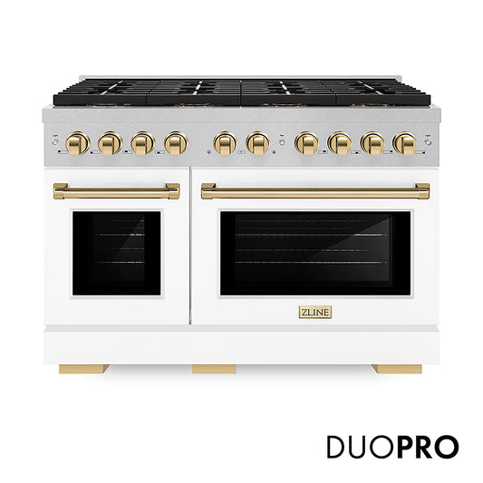ZLINE Autograph Edition 48 in. 6.7 cu. ft. Paramount Dual Fuel Range with 8 Burner DuoPro™ Cooktop and Dual Ovens in Satin Stainless Steel with White Matte Doors and Polished Gold Accents (PSDRSZ-WM-48-G)