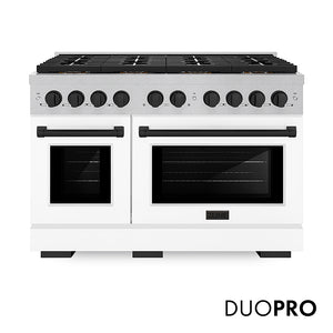 ZLINE Autograph Edition 48 in. 6.7 cu. ft. Paramount Dual Fuel Range with 8 Burner DuoPro™ Cooktop and Dual Ovens in Satin Stainless Steel with White Matte Doors and Matte Black Accents (PSDRSZ-WM-48-MB)