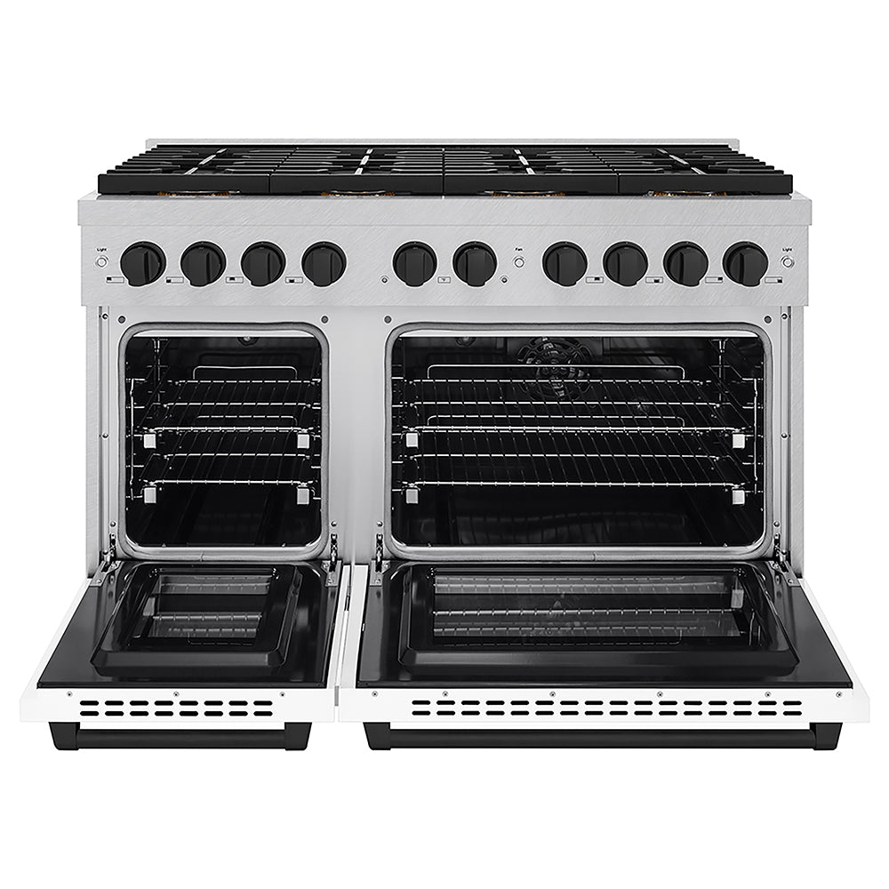 ZLINE Autograph Edition 48 in. 6.7 cu. ft. Paramount Dual Fuel Range with 8 Burner DuoPro™ Cooktop and Dual Ovens in Satin Stainless Steel with White Matte Doors and Matte Black Accents (PSDRSZ-WM-48-MB)
