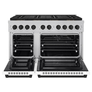ZLINE Autograph Edition 48 in. 6.7 cu. ft. Paramount Dual Fuel Range with 8 Burner DuoPro™ Cooktop and Dual Ovens in Satin Stainless Steel with White Matte Doors and Matte Black Accents (PSDRSZ-WM-48-MB)
