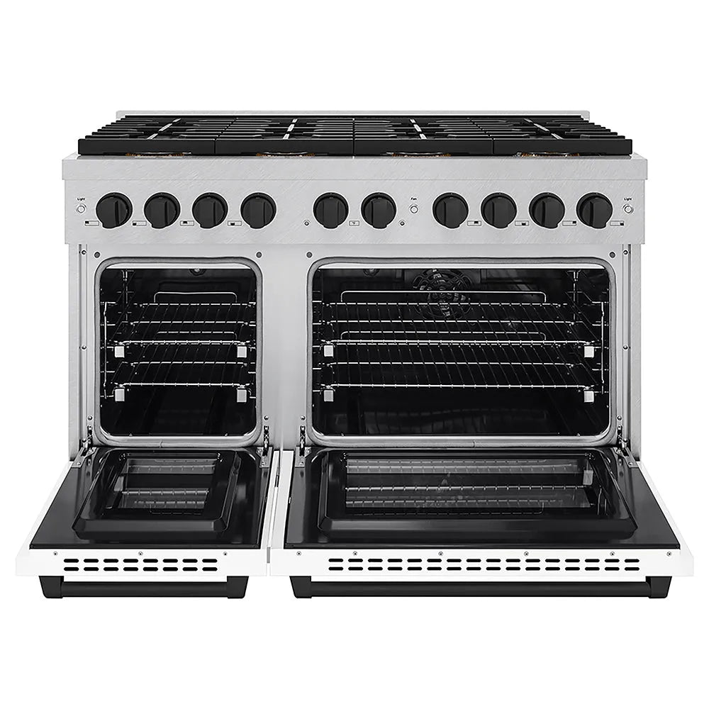 ZLINE Autograph Edition 48 in. 6.7 cu. ft. Paramount Dual Fuel Range with 8 Burner DuoPro™ Cooktop and Dual Ovens in Satin Stainless Steel with White Matte Doors and Matte Black Accents (PSDRSZ-WM-48-MB) front, oven open.