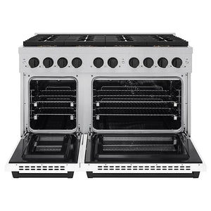 ZLINE Autograph Edition 48 in. 6.7 cu. ft. Paramount Dual Fuel Range with 8 Burner DuoPro™ Cooktop and Dual Ovens in Satin Stainless Steel with White Matte Doors and Matte Black Accents (PSDRSZ-WM-48-MB) front, oven open.