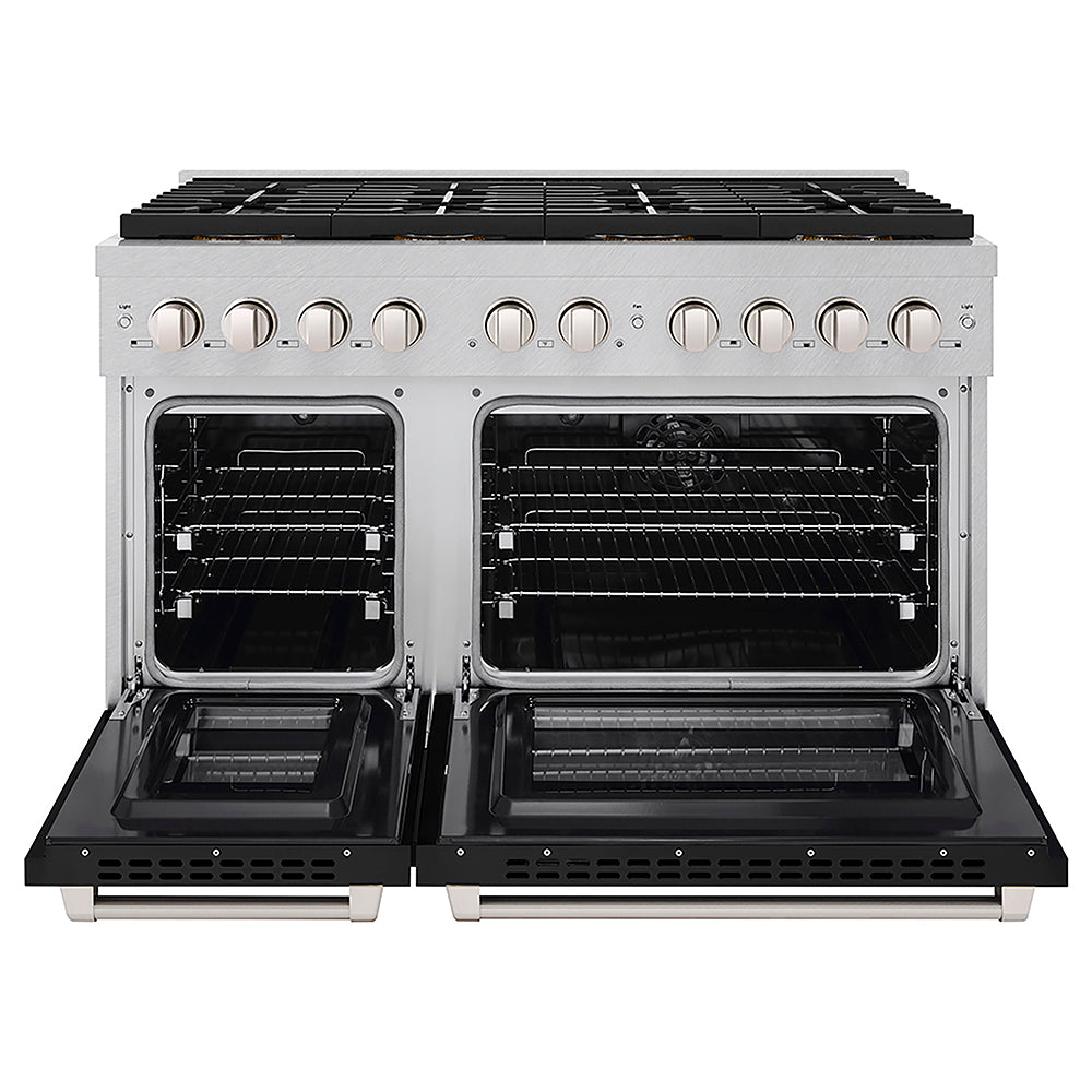 ZLINE 48 in. 6.7 cu. ft. Paramount Dual Fuel Range with 8 Burner DuoPro™ Cooktop and Dual Ovens in Satin Stainless Steel with Black Matte Doors (PSDRS-BLM-48) front, oven open.