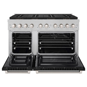 ZLINE 48 in. 6.7 cu. ft. Paramount Dual Fuel Range with 8 Burner DuoPro™ Cooktop and Dual Ovens in Satin Stainless Steel with Black Matte Doors (PSDRS-BLM-48) front, oven open.