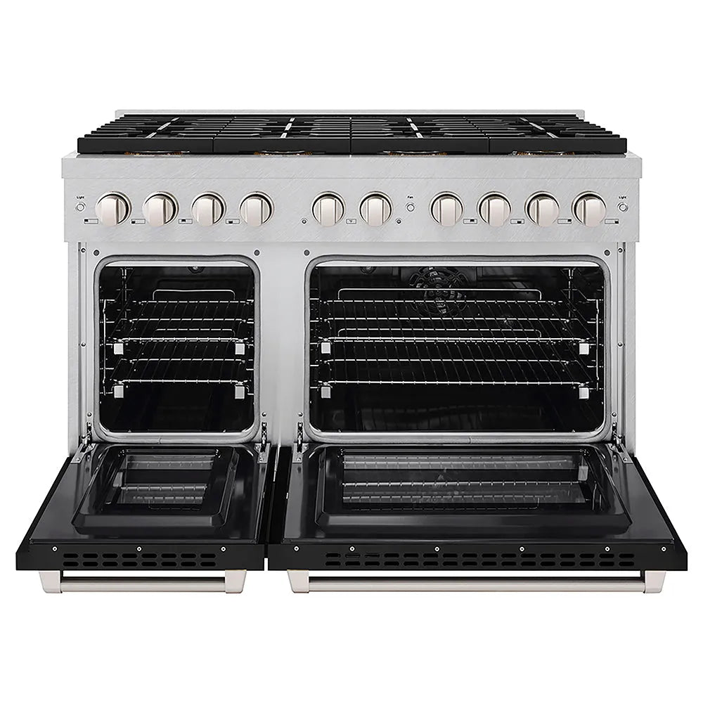 ZLINE 48 in. 6.7 cu. ft. Paramount Dual Fuel Range with 8 Burner DuoPro™ Cooktop and Dual Ovens in Satin Stainless Steel with Black Matte Doors (PSDRS-BLM-48) front, oven open.
