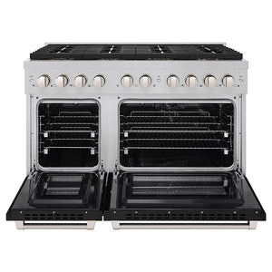 ZLINE 48 in. 6.7 cu. ft. Paramount Dual Fuel Range with 8 Burner DuoPro™ Cooktop and Dual Ovens in Satin Stainless Steel with Black Matte Doors (PSDRS-BLM-48) front, oven open.