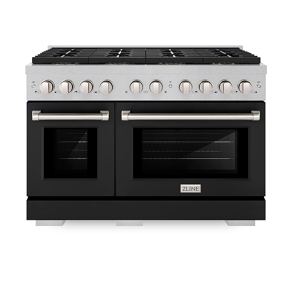 ZLINE 48 in. 6.7 cu. ft. Paramount Dual Fuel Range with 8 Burner DuoPro™ Cooktop and Dual Ovens in Satin Stainless Steel with Black Matte Doors (PSDRS-BLM-48) front, oven closed.