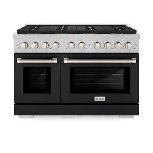 ZLINE 48 in. 6.7 cu. ft. Paramount Dual Fuel Range with 8 Burner DuoPro™ Cooktop and Dual Ovens in Satin Stainless Steel with Black Matte Doors (PSDRS-BLM-48) front, oven closed.