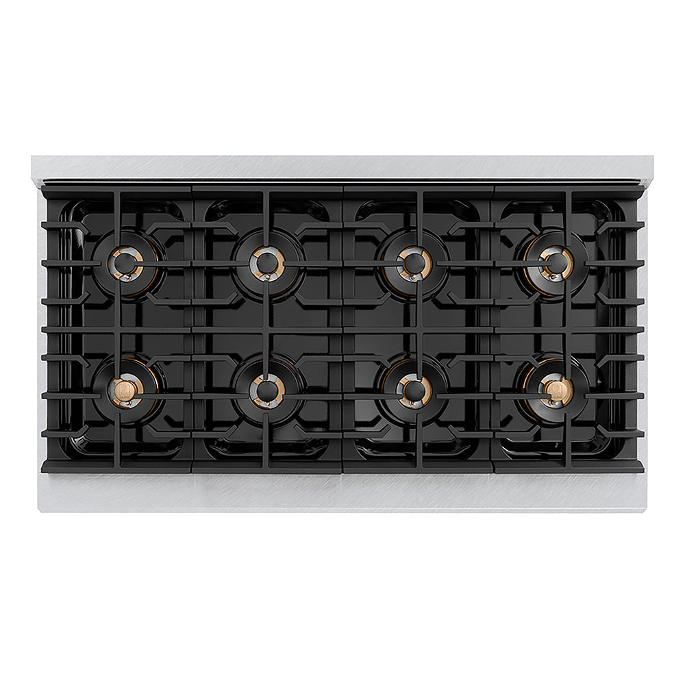 ZLINE 48 in. 6.7 cu. ft. Paramount Dual Fuel Range with 8 Burner DuoPro™ Cooktop and Dual Ovens in Satin Stainless Steel with Black Matte Doors (PSDRS-BLM-48) top-down, above cooktop.