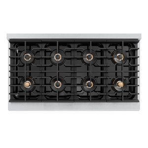 ZLINE 48 in. 6.7 cu. ft. Paramount Dual Fuel Range with 8 Burner DuoPro™ Cooktop and Dual Ovens in Satin Stainless Steel with Black Matte Doors (PSDRS-BLM-48) top-down, above cooktop.